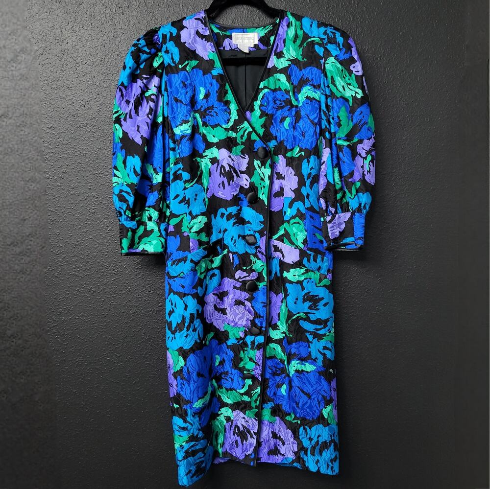 Vintage Silk Studio 100% Silk Floral Midi Dress Size 4 80s 90s Puff Sleeve